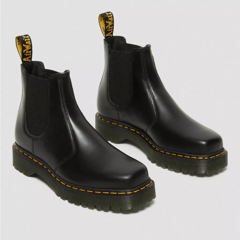NWOT Dr. Martens Black Bex Squared Toe Chelsea Boots with Yellow Stitching